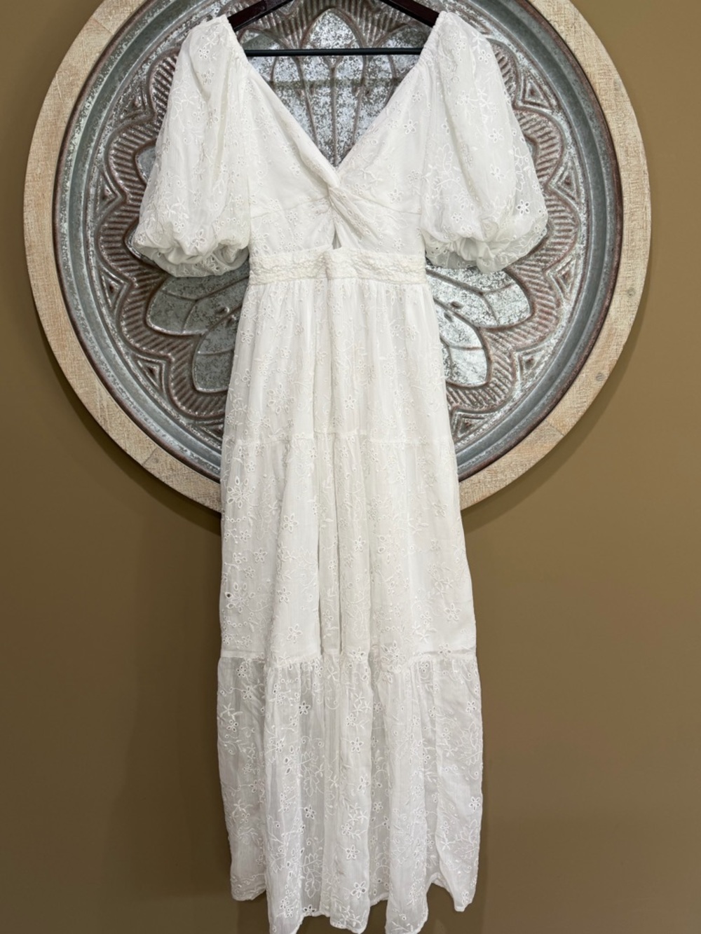 NWT Altar'd State White Eyelet Maxi Dress with Twist Front and Puff Sleeves - Picture 5 of 9